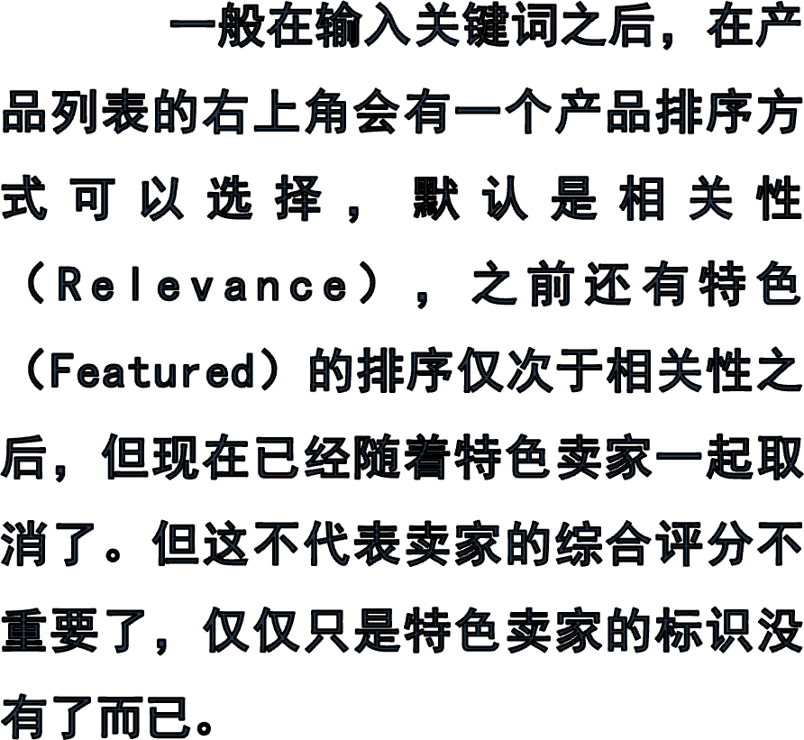        一般在输入关键词之后，在产品列表的右上角会有一个产品排序方式可以选择，默认是相关性（Relevance），之前还有特色（Featured）的排序仅次于相关性之后，但现在已经随着特色卖家一起取消了。但这不代表卖家的综合评分不重要了，仅仅只是特色卖家的标识没有了而已。