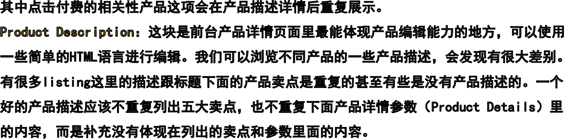 其中点击付费的相关性产品这项会在产品描述详情后重复展示。Product Description：这块是前台产品详情页面里最能体现产品编辑能力的地方，可以使用一些简单的HTML语言进行编辑。我们可以浏览不同产品的一些产品描述，会发现有很大差别。有很多listing这里的描述跟标题下面的产品卖点是重复的甚至有些是没有产品描述的。一个好的产品描述应该不重复列出五大卖点，也不重复下面产品详情参数（Product Details）里的内容，而是补充没有体现在列出的卖点和参数里面的内容。