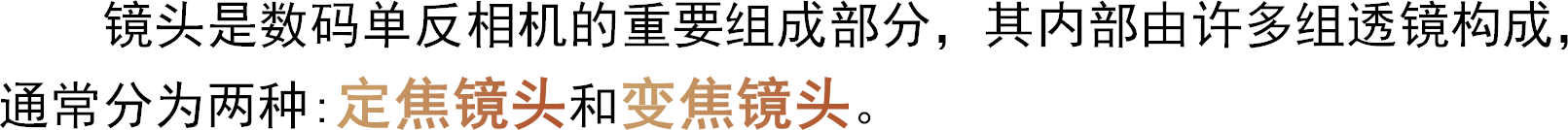 镜头是数码单反相机的重要组成部分，其内部由许多组透镜构成，通常分为两种:定焦镜头和变焦镜头。
