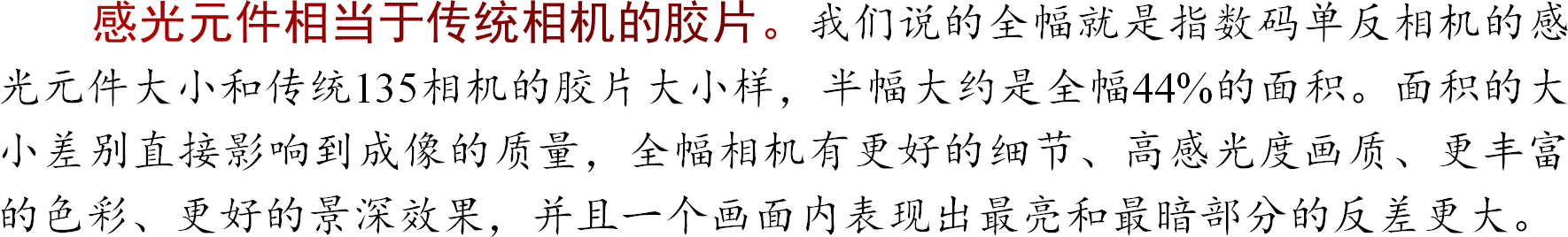感光元件相当于传统相机的胶片。我们说的全幅就是指数码单反相机的感光元件大小和传统135相机的胶片大小样，半幅大约是全幅44%的面积。面积的大小差别直接影响到成像的质量，全幅相机有更好的细节、高感光度画质、更丰富的色彩、更好的景深效果，并且一个画面内表现出最亮和最暗部分的反差更大。