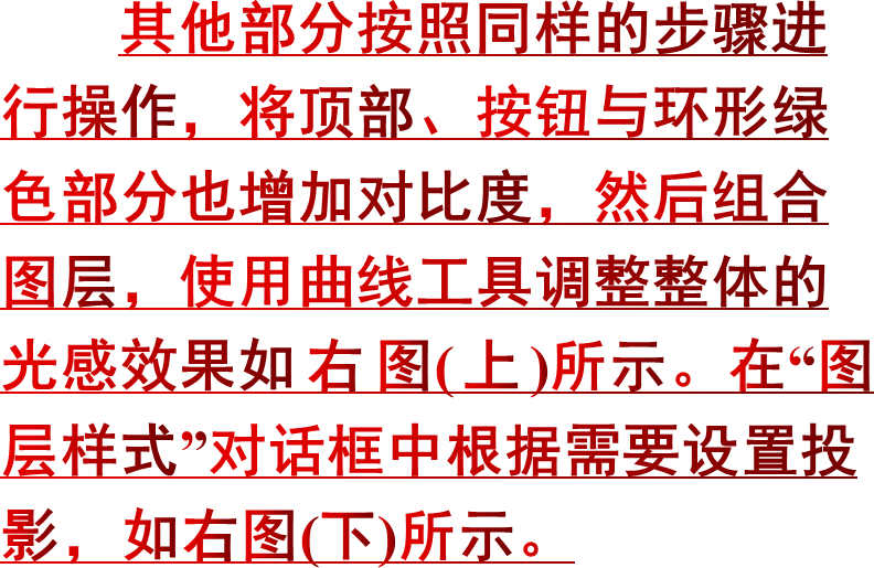 其他部分按照同样的步骤进行操作，将顶部、按钮与环形绿色部分也增加对比度，然后组合图层，使用曲线工具调整整体的光感效果如右图(上)所示。在“图层样式”对话框中根据需要设置投影，如右图(下)所示。