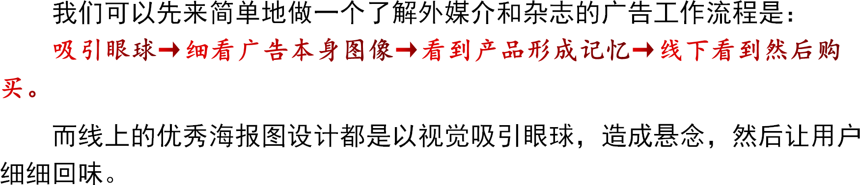 我们可以先来简单地做一个了解外媒介和杂志的广告工作流程是：吸引眼球→细看广告本身图像→看到产品形成记忆→线下看到然后购买。而线上的优秀海报图设计都是以视觉吸引眼球，造成悬念，然后让用户细细回味。