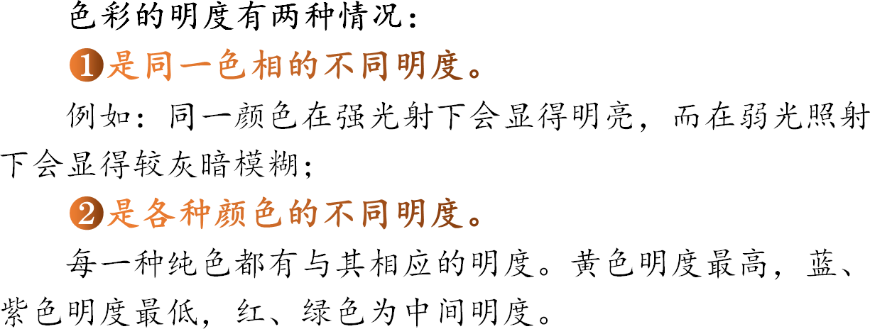 色彩的明度有两种情况：❶是同一色相的不同明度。例如：同一颜色在强光射下会显得明亮，而在弱光照射下会显得较灰暗模糊；❷是各种颜色的不同明度。每一种纯色都有与其相应的明度。黄色明度最高，蓝、紫色明度最低，红、绿色为中间明度。