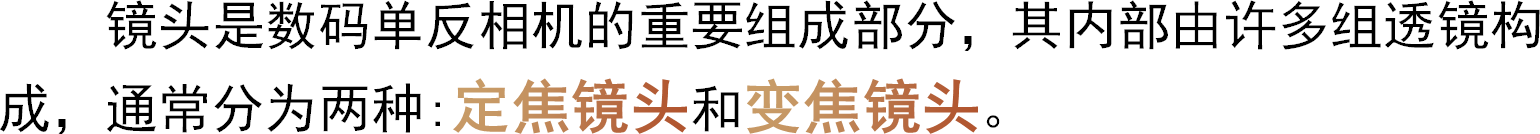 镜头是数码单反相机的重要组成部分，其内部由许多组透镜构成，通常分为两种:定焦镜头和变焦镜头。