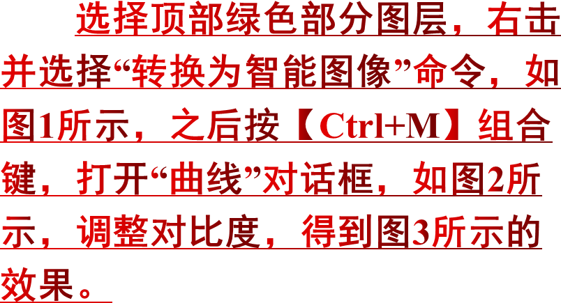 选择顶部绿色部分图层，右击并选择“转换为智能图像”命令，如图1所示，之后按【Ctrl+M】组合键，打开“曲线”对话框，如图2所示，调整对比度，得到图3所示的效果。