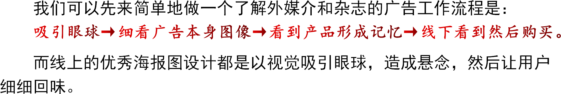 我们可以先来简单地做一个了解外媒介和杂志的广告工作流程是：吸引眼球→细看广告本身图像→看到产品形成记忆→线下看到然后购买。而线上的优秀海报图设计都是以视觉吸引眼球，造成悬念，然后让用户细细回味。