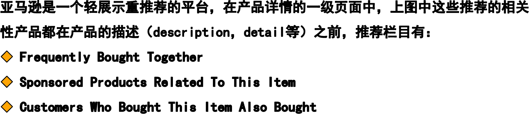 亚马逊是一个轻展示重推荐的平台，在产品详情的一级页面中，上图中这些推荐的相关性产品都在产品的描述（description，detail等）之前，推荐栏目有： Frequently Bought TogetherSponsored Products Related To This ItemCustomers Who Bought This Item Also Bought